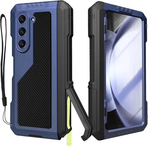 Vista 9 de Funda de metal para Samsung Galaxy Z Fold 5 con soporte para bolígrafo Fold5 S, resistente funda protectora de pantalla Z Fold 5, protector de Negro