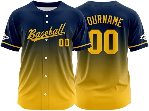 Vista 36 de Camiseta de béisbol con degradado personalizado, nombre, número y logotipo personalizados para hombres, mujeres y niños