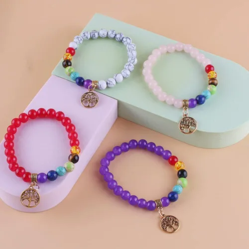 Vista 6 de 9 pulseras de cuentas semipreciosas del árbol de la vida, 7 chakras, reiki, piedras curativas, pulseras de yoga y meditación para mujeres, joyería