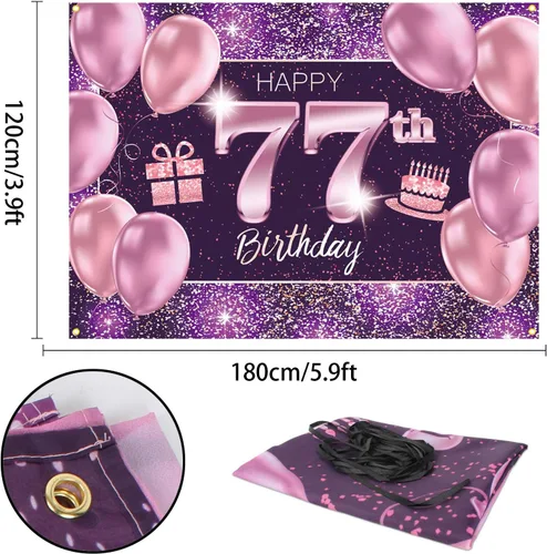 Vista 2 de pancarta grande rosa con texto en inglés “Happy Birthday