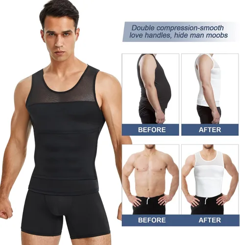 Vista 4 de Camisetas de compresión para hombre, faja moldeadora de pecho, control de abdomen, adelgazante, camiseta interior para entrenamiento, camiseta sin