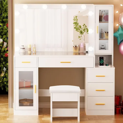 Vista 7 de BEWISHOME Tocador Grande de 49.2" con Espejo y Luces, Mesa de Maquillaje Blanca con Superficie de Vidrio, Taburete, Escritorio de Maquillaje