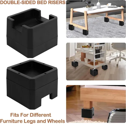 Vista 7 de Elevadores de cama, negro, 2 pulgadas de altura, diseño de doble cara para diferentes patas y ruedas de muebles, paquete de 4 (negro, 2 pulgadas)