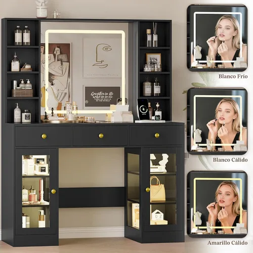 Vista 5 de Escritorio de maquillaje con espejo y luces, tocador negro de 43 pulgadas con parte superior de cristal, almacenamiento de joyas, 3 cajones