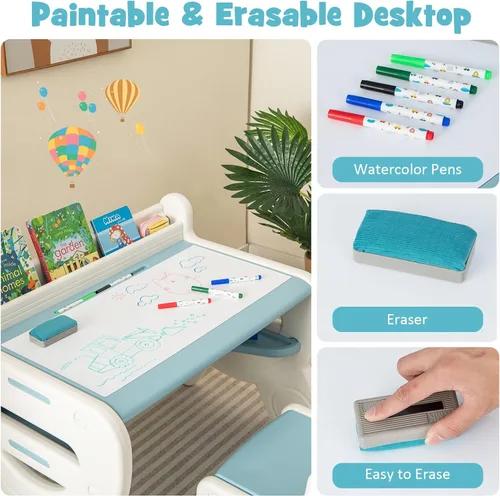Vista 3 de Costzon - Juego de mesa y silla para bebé, escritorio de actividades de plástico con pizarra, bolígrafos de acuarela, borrador de pizarra y estante