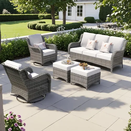 Vista 58 de Juego de muebles de exterior para patio, silla y sofá (ratán marrón, beige, 3 piezas)