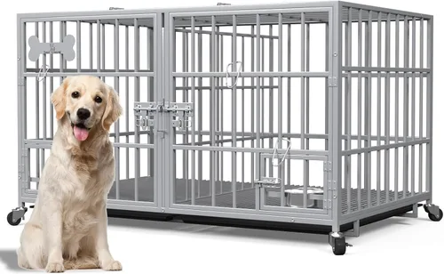 Vista 10 de Jaula XL de 54 pulgadas para perros grandes/perros medianos dobles, jaula de metal resistente para perros, toda metálica con parte superior abierta