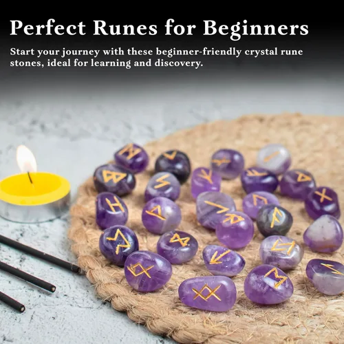 Vista 3 de Crocon Juego de 25 piedras preciosas de amatista con alfabeto de Futhark de saúco, símbolo grabado, juego de 25 piezas para Feng Shui, equilibrio
