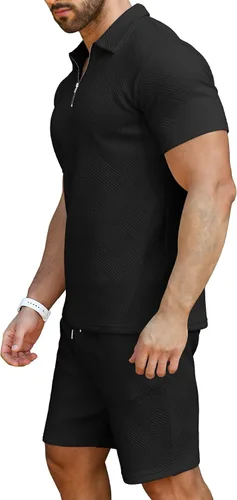 Vista 3 de KUYIGO Conjunto de camisa polo y pantalones cortos para hombre, trajes de verano a la moda, casual, de manga corta, traje de 2 piezas para hombre