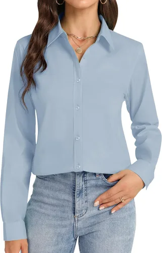 Vista 25 de Camisas con botones J.VER para mujer con cuello elástico y manga larga de algodón, camisa de vestir casual de negocios para el trabajo