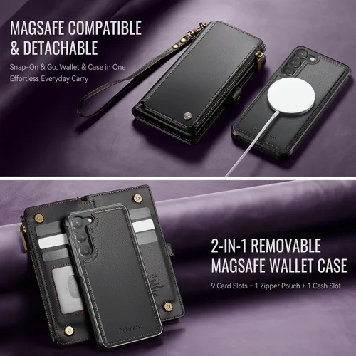 Vista 9 de Defencase Funda Cartera Magnética para Samsung Galaxy S23+/ S23 Plus Compatible con Magsafe con Bloqueo RFID, Cremallera y Portarjetas, Funda