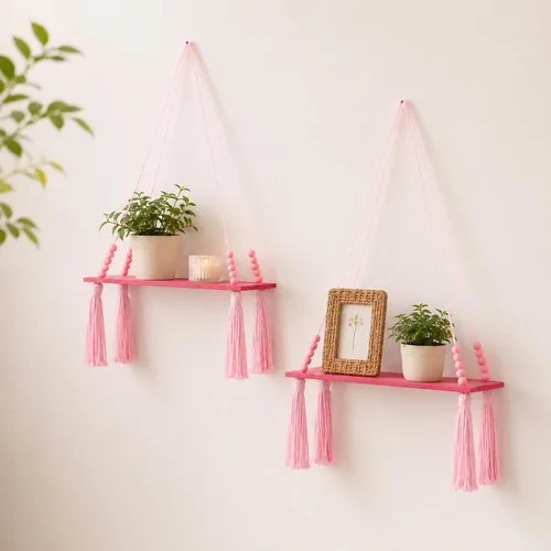 Vista 15 de Artilady Paquete de 2 estantes de madera para colgar en la pared, estantes flotantes bohemios, estante de plantas de macramé blanco, estante