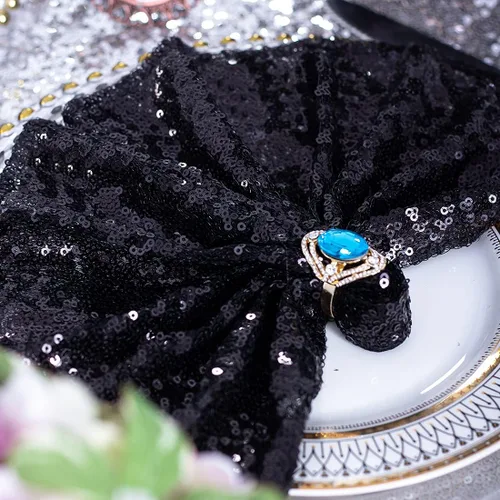 Vista 2 de Eternal Beauty Servilletas de tela de lentejuelas negras de 12 x 12 pulgadas, paquete de 12 para fiestas, bodas, cenas de cumpleaños