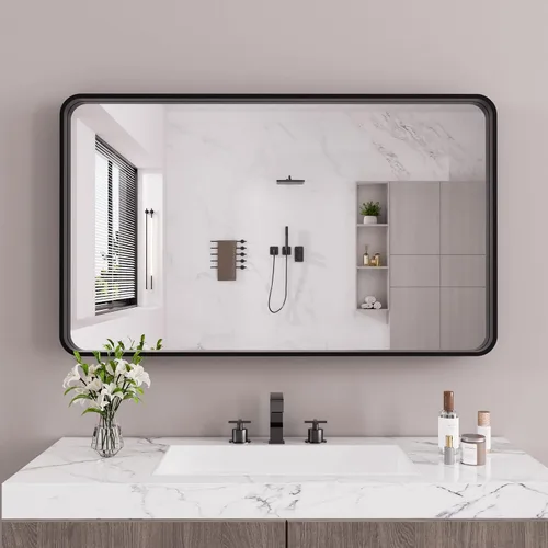 Vista 35 de JISOSO - Espejo de baño negro de 20x30 pulgadas con marco de metal negro, espejo de tocador rectangular redondeado con acabado mate para pared