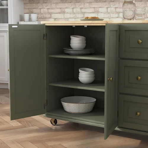 Vista 10 de Homestyles Carrito móvil de isla de cocina con parte superior de madera y barra de desayuno con hoja desplegable, 18" de profundidad x 53.5" de Verde