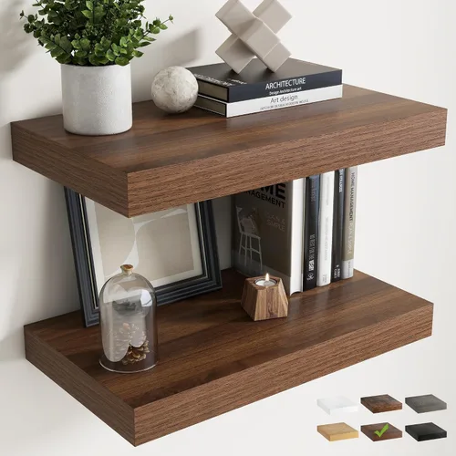 Vista 50 de Juego de 2 estantes flotantes de 16 pulgadas para pared, estantes de baño de grano de madera de 12 pulgadas de profundidad con soportes invisibles