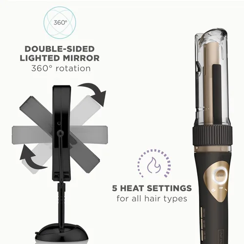 Vista 4 de Conair Paquete de Edición Limitada INFINITIPRO by CONAIR Curl Secret Plancha Rizadora Automática con Barril de 3/4 pulgadas - y - Espejo de Negro