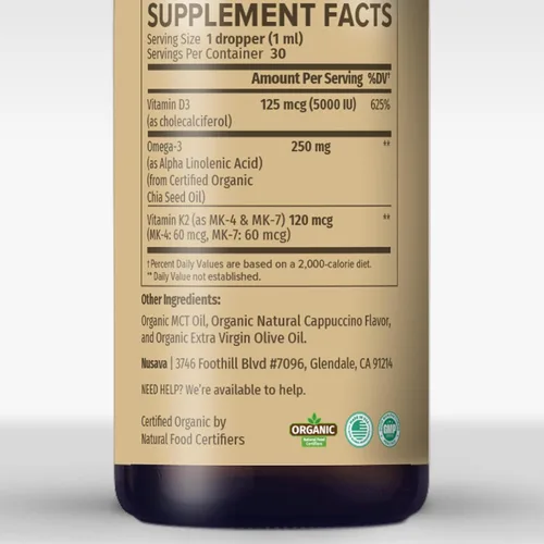 Vista 8 de Paquete de 2 gotas orgánicas de vitamina D3 K2 con aceite MCT y Omega 3 - Vitamina líquida D3 5000 UI - Suplemento de vitamina K2 D3 - Gotas