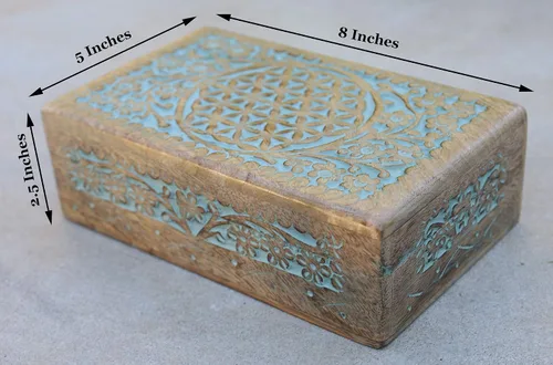 Vista 5 de DharmaObjects - Tarot tallada a mano con diseño de flor de la vida, caja de almacenamiento de madera (turquesa, grande)