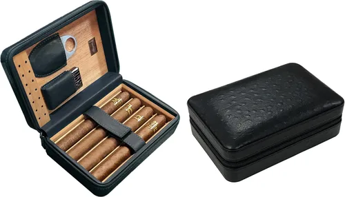 Vista 2 de Prestige Import Group - El Manhattan Ostrich Motif Leather Travel Humidor Cigar Case w/encendedor, cortador y humidificador con cierre de cremallera