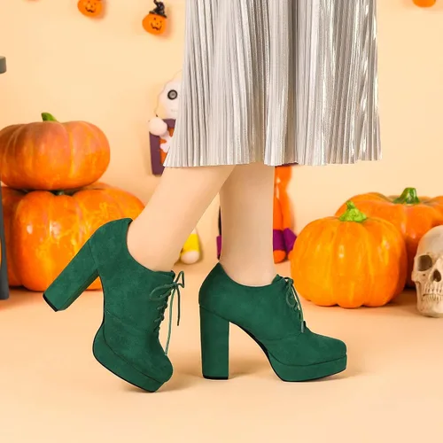 Vista 2 de Allegra K Botas de plataforma con cordones gruesos para mujer