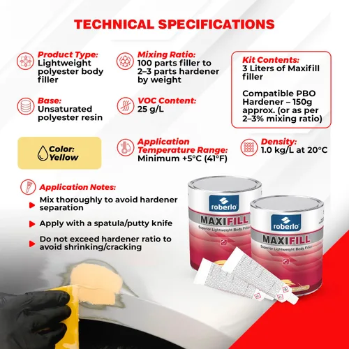 Vista 9 de Roberlo Maxifill - Relleno de cuerpo ligero superior, fácil de lijar y pintar para reparaciones de automóviles, ideal para abolladuras, agujeros