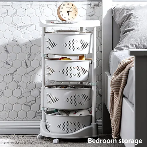 Vista 2 de Cesta giratoria de almacenamiento de frutas de 4 niveles, estante de almacenamiento giratorio para cocina, cesta de frutas con ruedas para frutas