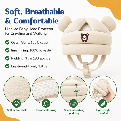 Vista 5 de Baby Head Protector for Crawling Walking, Infant Helmet with Foam Bumpers, Adjustable Baby Helmet for Crawling Walking, Toddler Helmet - Head Beige