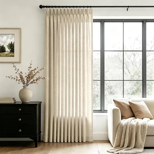 Vista 25 de Cortinas de lino de 63 pulgadas, juego de 2 paneles para sala de estar, beige natural, cortinas con pliegues pellizco entrenadas con memoria