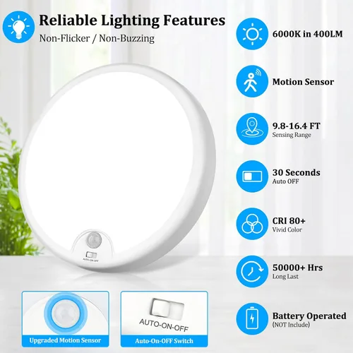 Vista 3 de Paquete de 2 luces LED de techo con sensor de movimiento a pilas, lámpara de techo empotrada de 7.2 pulgadas, 6000K, lámpara de techo inalámbrica