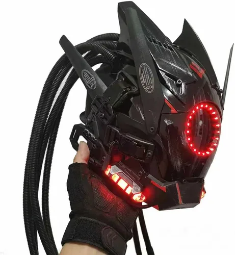Vista 7 de KYEDAY Máscara punk cosplay para hombres, luz redonda con trenzas máscara Cosplay Halloween Fit fiesta festival música accesorios