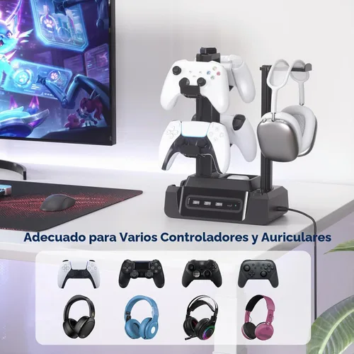 Vista 4 de KDD Estación de carga para múltiples dispositivos - Base de carga de 4 puertos con controlador y soporte para auriculares - 3 USB A y 1 USB C