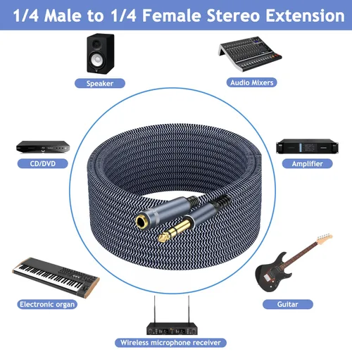Vista 6 de Cable de guitarra estéreo de 1/4 de pulgada y 10 pies, macho a hembra, extensión de auriculares de un cuarto de pulgada