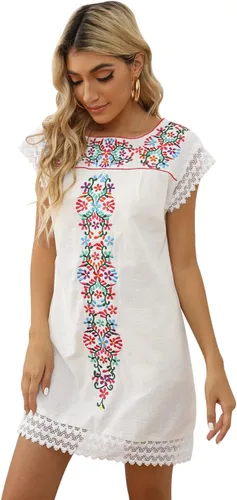 Vista 3 de Vestidos casuales de verano para mujer, vestido mexicano, campesino, midsommar, bordado, tradicional, con volantes, salida de playa, color negro