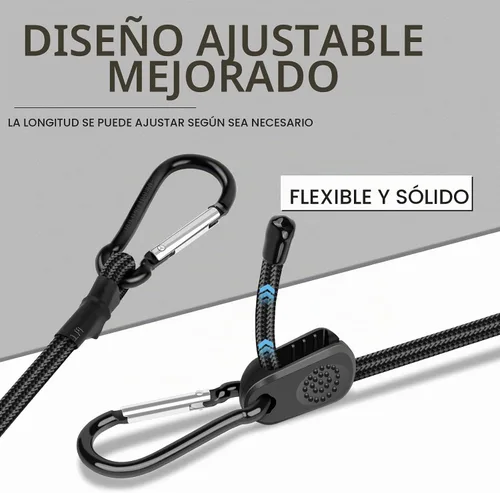 Vista 4 de Cuerdas elásticas ajustables con ganchos de mosquetón que incluyen 12, 24, 48 pulgadas, 8 cuerdas elásticas negras resistentes al aire libre