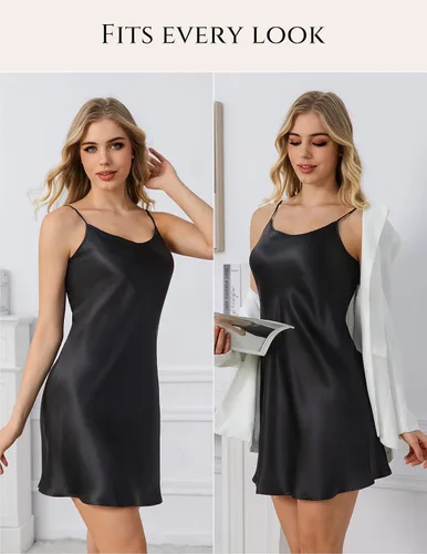 Vista 3 de THXSILK Camisón de seda para mujer, 100% seda de morera 19 Momme real, cuello redondo, tirantes delgados, camisón de seda para dormir Negro