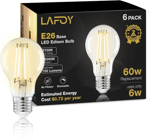 Vista 12 de Bombillas Lafoy A19 E26 ámbar 2200K de luz cálida suave, bombillas LED Edison vintage 60 vatios equivalentes, estilo antiguo ajustable de moda