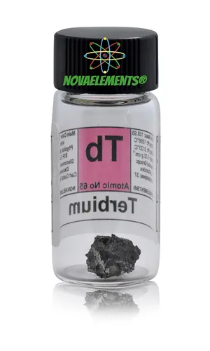 Vista 3 de Terbium Metal Element 65 Muestra Tb, puro 0.04 oz 99,99% dentro de frasco de vidrio etiquetado