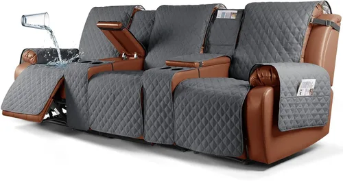 Vista 10 de Ruaozz Funda impermeable para sofá biplaza reclinable con consola, funda antideslizante para sofá reclinable dividido, con correas elásticas Beige