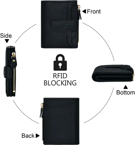 Vista 8 de oscaurt Billetera pequeña para mujer con bloqueo RFID, de dos pliegues, compacta, para tarjetas de crédito, de piel, con bolsillo con cremallera