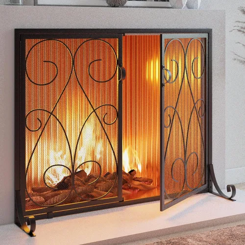 Vista 2 de Kingson Pantalla de chimenea de 2 paneles con puertas, hecha a mano, malla decorativa de hierro forjado, protector de chispas de fuego