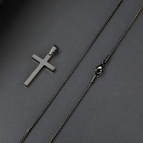 Vista 4 de Collar clásico con colgante de cruz para hombre y mujer, 16, 18, 20, 22, 24 pulgadas, cadena de acero inoxidable 316L, tono doradoplateadonegro