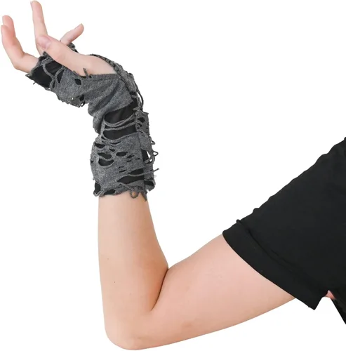Vista 2 de Skeleteen Calentadores de brazos rasgados punk, guantes de punto sin dedos, de manga larga, accesorios góticos para hombres y mujeres, Gris