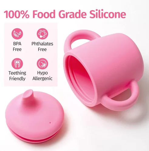 Vista 2 de Vasos de silicona antiderrames de 8 onzas para niños pequeños y bebés, aptos para lavavajillas y microondas, paquete de 2 (rosa/gris)