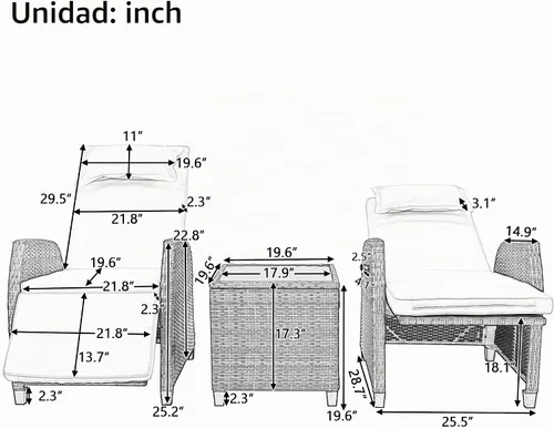 Vista 7 de Juego de 2 sillas reclinables para exteriores para patio con mesa de centro de mimbre, cojín cómodo, ángulo ajustable, sillas reclinables