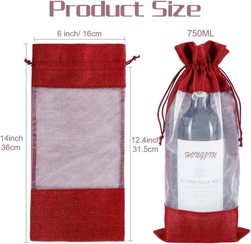 Vista 2 de Shintop 10 bolsas de regalo de vino de arpillera con ventana transparente Rojo