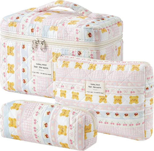 Vista 48 de HBselect Bolsa de Maquillaje Acolchada, 3 Piezas de Gran Bolsa de Maquillaje de Viaje de Algodón, Linda Bolsa de Maquillaje Floral Coquette, Bolsa