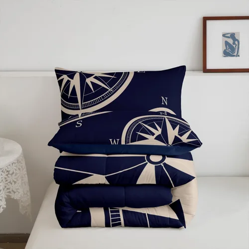 Vista 5 de Juego de edredón de brújula azul marino, tamaño individual, 2 piezas, diseño náutico de vela, estilo simple, para niños, adolescentes, adultos