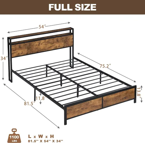 Vista 2 de Base de cama matrimonial con luces LED y 2 puertos USB, marco de cama de metal con estación de carga, marco de cama de granja con almacenamiento