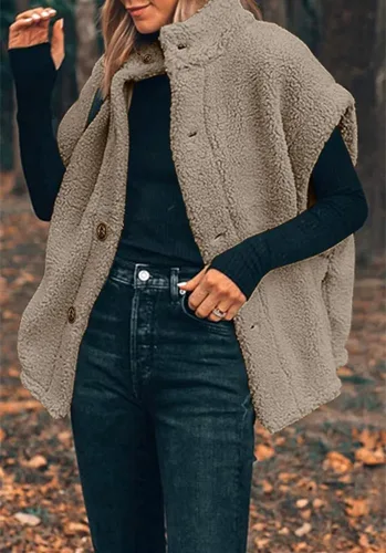 Vista 46 de Hongqizo - Chaleco de forro polar mullido para mujer, casual, de gran tamaño, cálido, con botones, chaqueta de sherpa con bolsillos